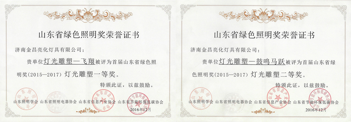 我公司創(chuàng)意的燈光雕塑作品榮獲首屆山東省綠色照明獎(圖1)